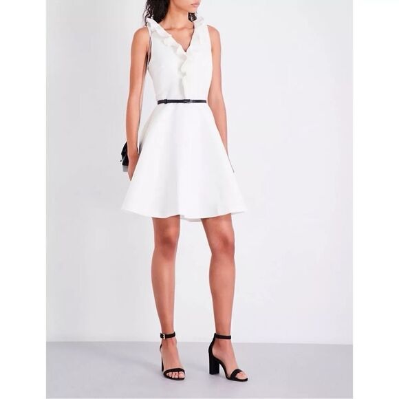 NWT Ted Baker London Ivory Qwinn ruffled Twill V-Neck Front Skater Dresss - Picture 5 of 15